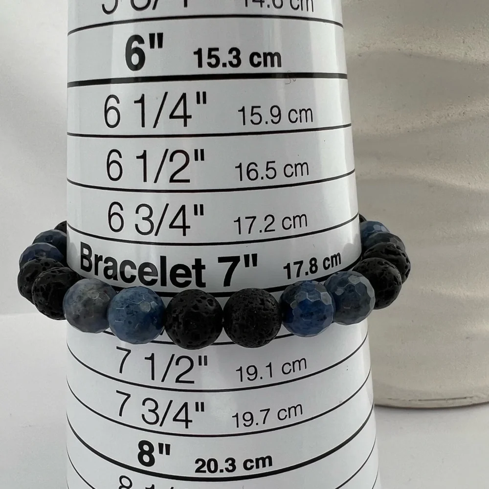 BLUE Dumortierite Quartz and Lava Stone Stretch Beaded Bracelet - Picture 8 of 14
